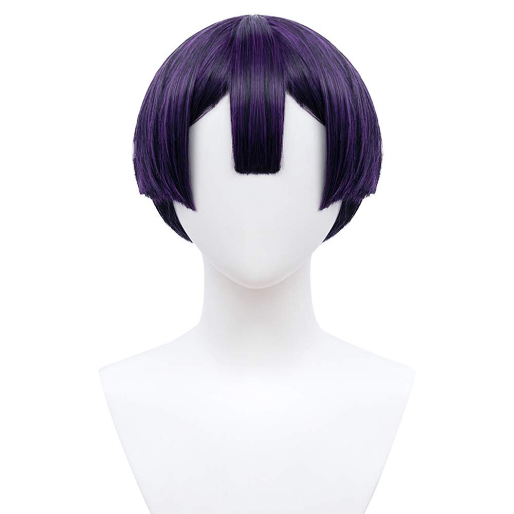 Shqncoh Anime Demon Cleric Wig Deep Purple Short Straight Party Hair Halloween Cosplay Props Accessory