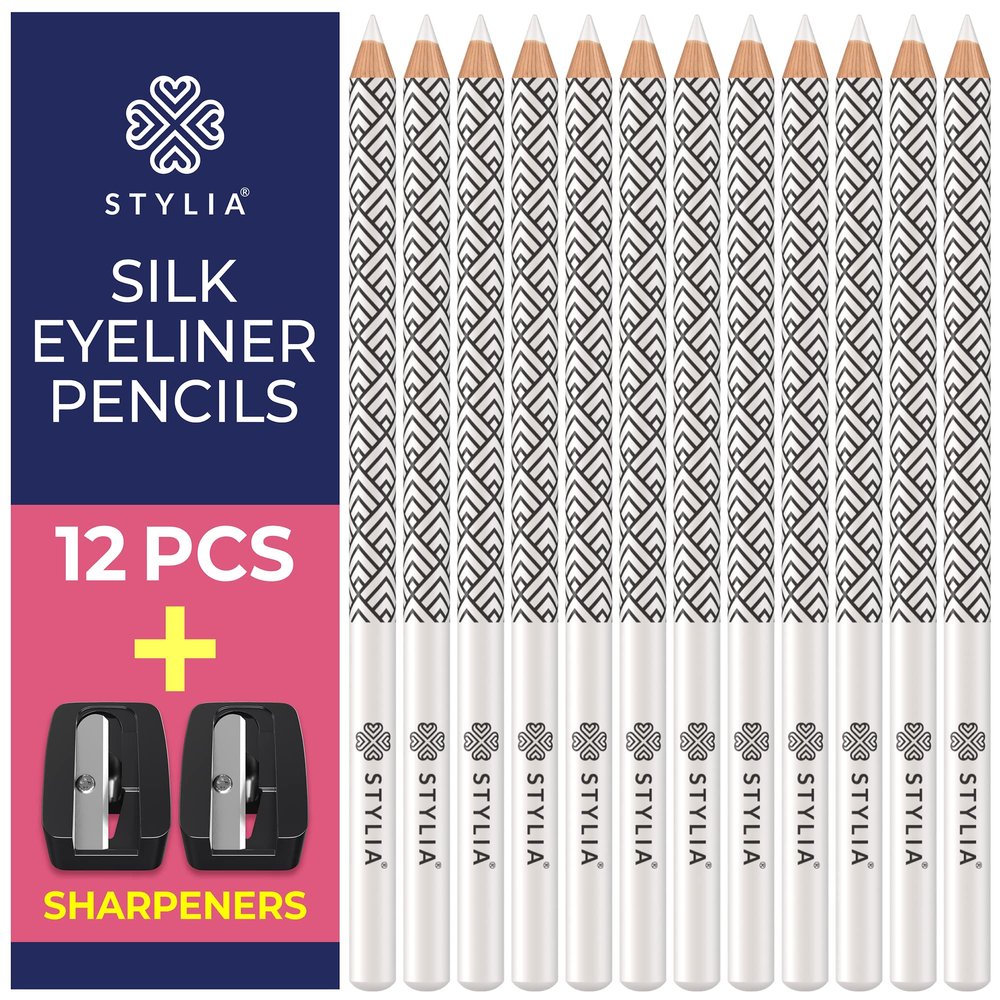 Stylia Waterproof White Eyeliner Pencil For Women  Long-Lasting Microblading Supplies Brow Pencil, Perfect for Defining, Highlighting & Brightening Eyes (12PC White)