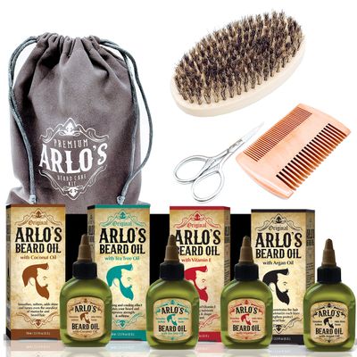 Arlo's 8-PC Ultimate Premium Beard Grooming Set for Men- Includes Four 2.5oz Beard Oils, Beard Brush, Comb, Scissors and Carrying Bag