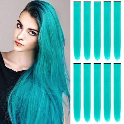 TOFAFA 22 inch Colored Hair Extensions Straight Hairpiece, Multi-colors Party Highlights Clip in Synthetic Hair Extensions for Women Kids Girls(10 PCS Teal Blue)