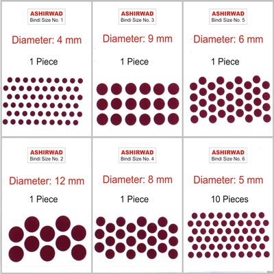 ASHIRWAD Maroon Bindi of Single Size 10 pcs and Different Sizes 1 pc each of No. 1, 2, 3, 4, 5, 6 (Maroon No. 6)