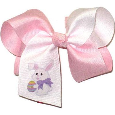 HL-451L Large Easter Bunny with Easter Egg on White and Pink Hair Bow