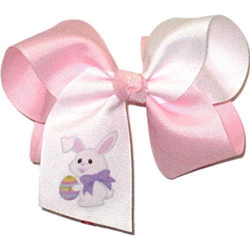 HL-451L Large Easter Bunny with Easter Egg on White and Pink Hair Bow