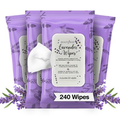 BeautyFrizz Lavender Face Wipes - 240 pcs - Gentle Makeup Remover Wipes for Women - Facial Cleansing Wipe with Aloe, Castor, Vitamin A and E - Extra Soft - Moisturizing