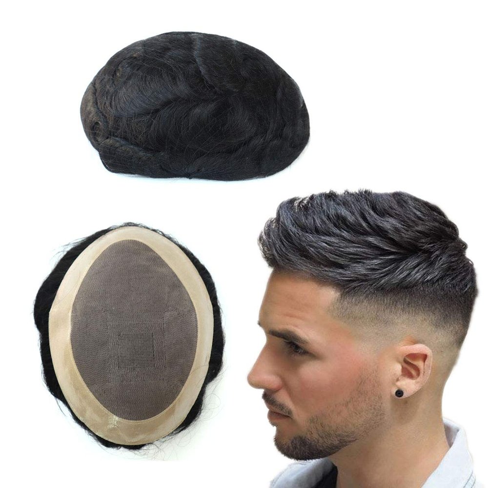 Mens Toupee, Mens Wigs Human Hair System Hair Pieces, Fine Mono Poly Coating Black Hair Unit 6x9#1B