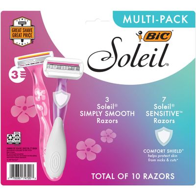 BIC Soleil Simply Smooth Women's Disposable Razors; 3 Blades With Moisture Strip For a Silky Smooth Shave; 10-Count