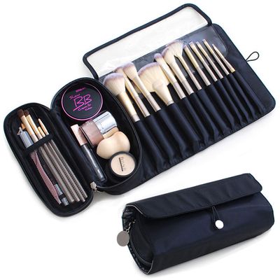 YUESI Rolling Makeup Brush Bag, Cosmetic Brushes Organizer for Women Portable Travel Bag (Black)