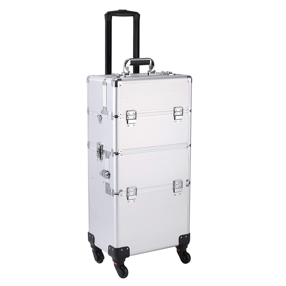 3 in 1 Aluminum Makeup Case,CAMORSA Beauty Cosmetic Organizer Makeup Travel Case Box Train Case Trolley Professional Artist Organizer Box Kit with 4 Wheels and Keys(Silver),Abpet4in1