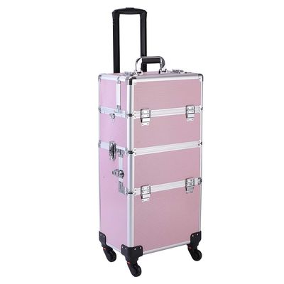3 in 1 Aluminum Makeup Case,CAMORSA Beauty Cosmetic Organizer Makeup Travel Case Box Train Case Trolley Professional Artist Organizer Box Kit with 4 Wheels and Keys(Light Pink),Abpet4in1