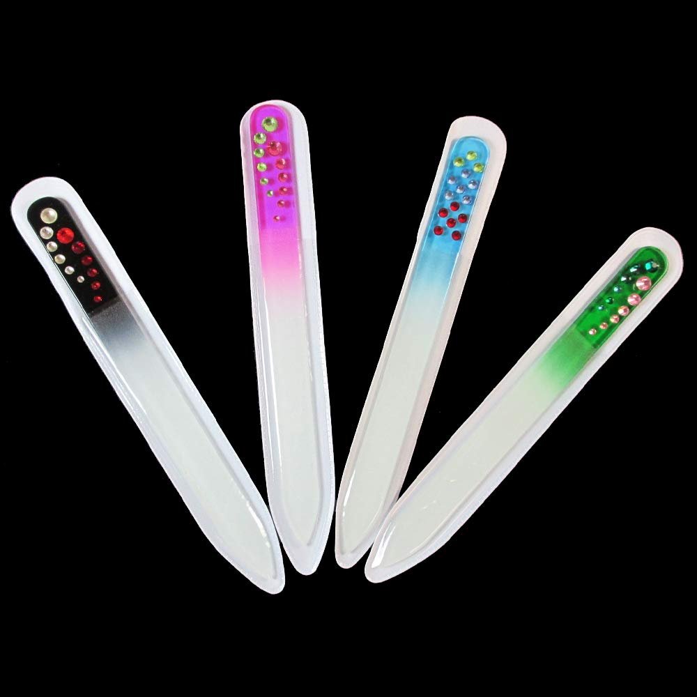 4PC Crystal Glass Nail Files w/Case Manicure Nail Care Pedicure Fingernail File Crystal Nail Files Set with Box 4 Piece Beauty Glass Nail File with Case Quality Premium Crystal Nail File for Natural