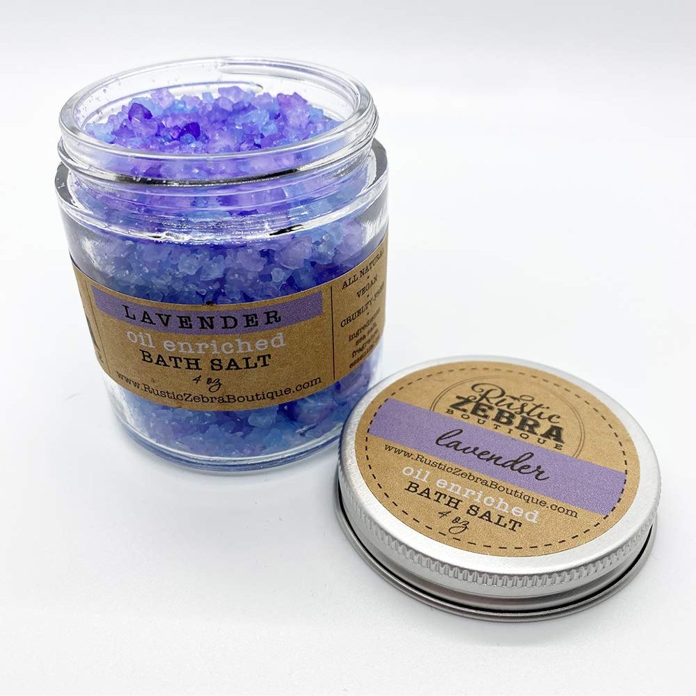 4 oz Premium Bath Salt Lavender Scent - All Natural & Vegan - Oil Enriched Bath Salt from Rustic Zebra Boutique