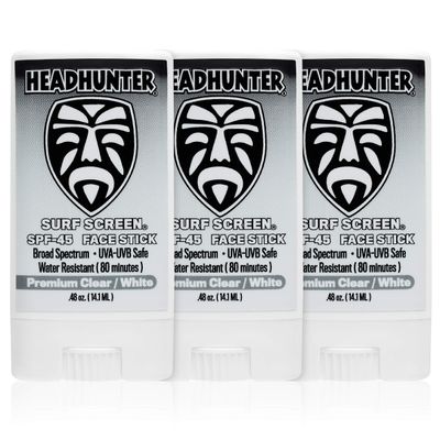 Headhunter Sunscreen Face Stick SPF 45, Waterproof Surf Sunblock for Waterman, Water-Resistant Facial Sunscreen for Ultra-Sport Protection and Solar Defense (80 min), Clear White (3 pack)