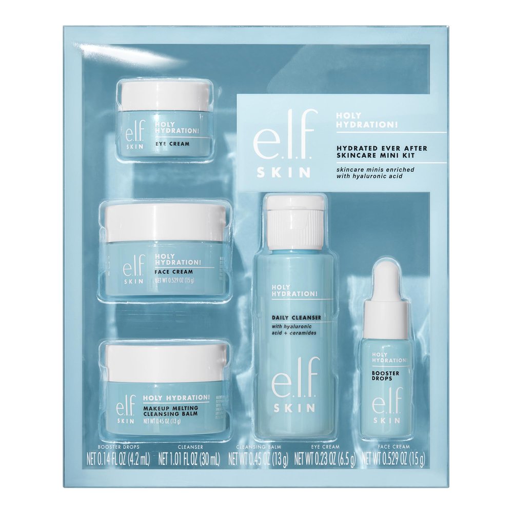 e.l.f. SKIN Holy Hydration! Hydrated Ever After Skincare Mini Kit, Cleanser, Makeup Remover, Moisturizer & Eye Cream For Hydrating Skin, Airplane-Friendly Sizes