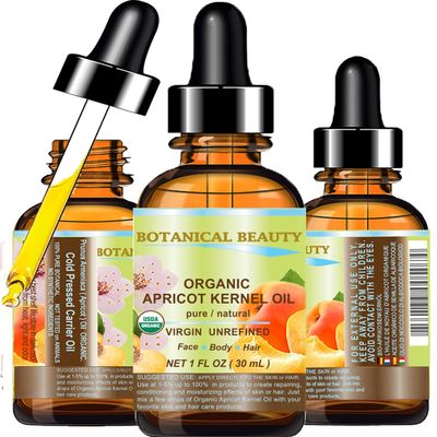 Botanical Beauty ORGANIC APRICOT KERNEL OIL Australian. 100% Pure Virgin Unrefined Cold Pressed Carrier Oil 1 oz- 30 ml. For Face, Hair, Body, Nails, Skin, Anti - aging