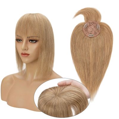 100% Real Human Hair Top Hairpieces for Womem with Bangs 150% Density Natural Mono Base Crown Topper Clip in on Hair Piece Straight Middle Part for Hair Loss Thinning Hair Gray 14 Inch 27# Dark Blonde