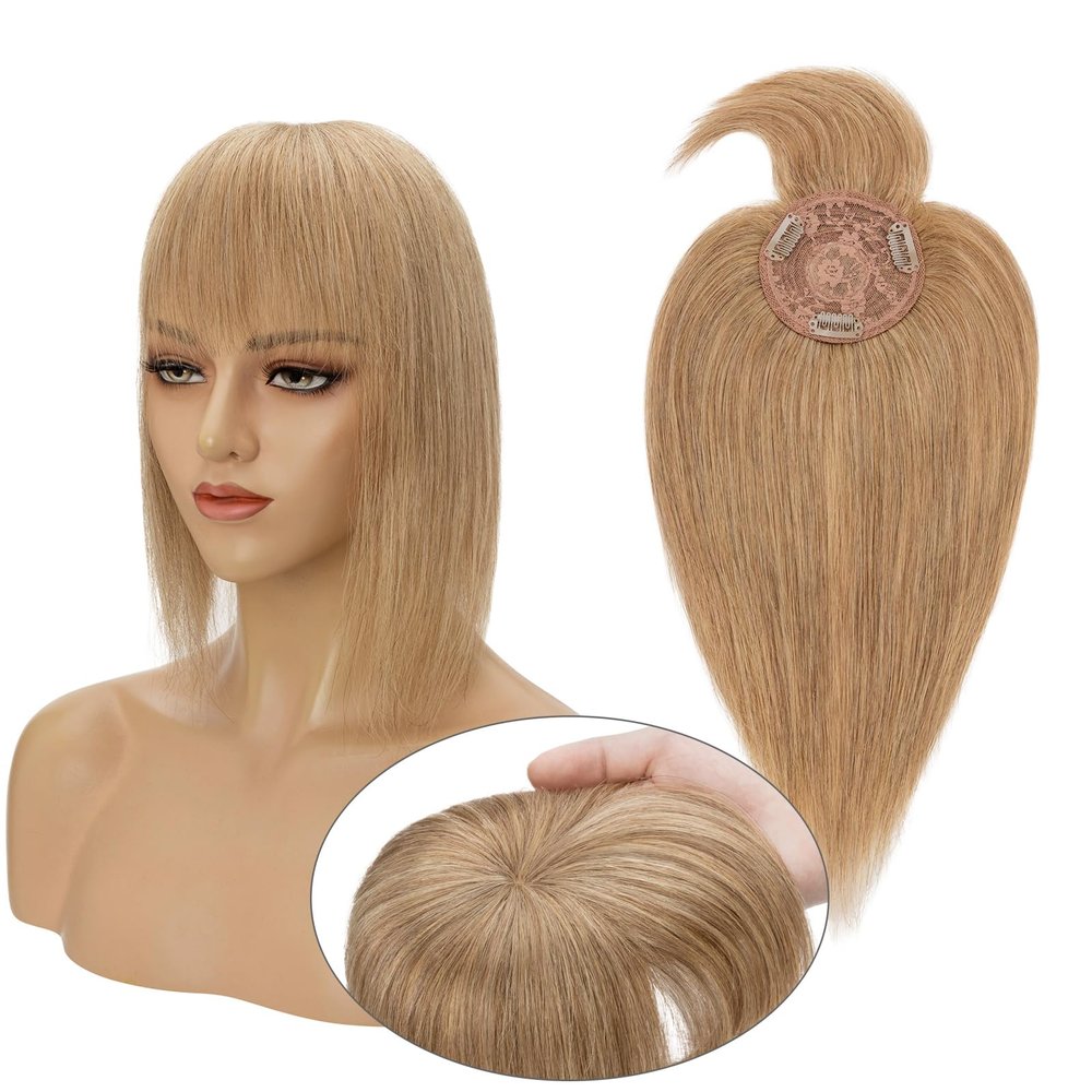 100% Real Human Hair Top Hairpieces for Womem with Bangs 150% Density Natural Mono Base Crown Topper Clip in on Hair Piece Straight Middle Part for Hair Loss Thinning Hair Gray 14 Inch 27# Dark Blonde