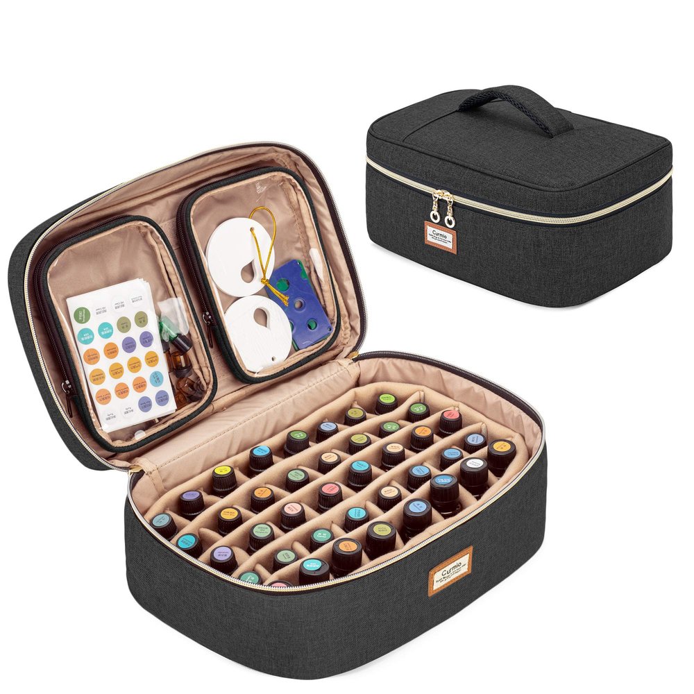 CURMIO Essential Oil Storage Case for 40 Bottles (5ml-30ml), Essential Oils Organizer Case with 2 Detachable Visible Pouches and Portable Handle, Patented Design, Black (Bag Only)