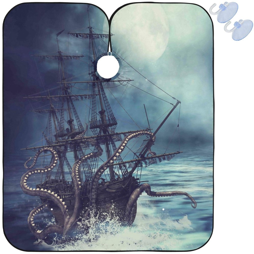 visesunny Barber Cape Octopus And Pirate Ship Black Pattern Polyester Hair Cutting Salon Cape Apron Anti-Static Haircut Shaving Cloth Beard Shaving Bib Hairdressing Cape