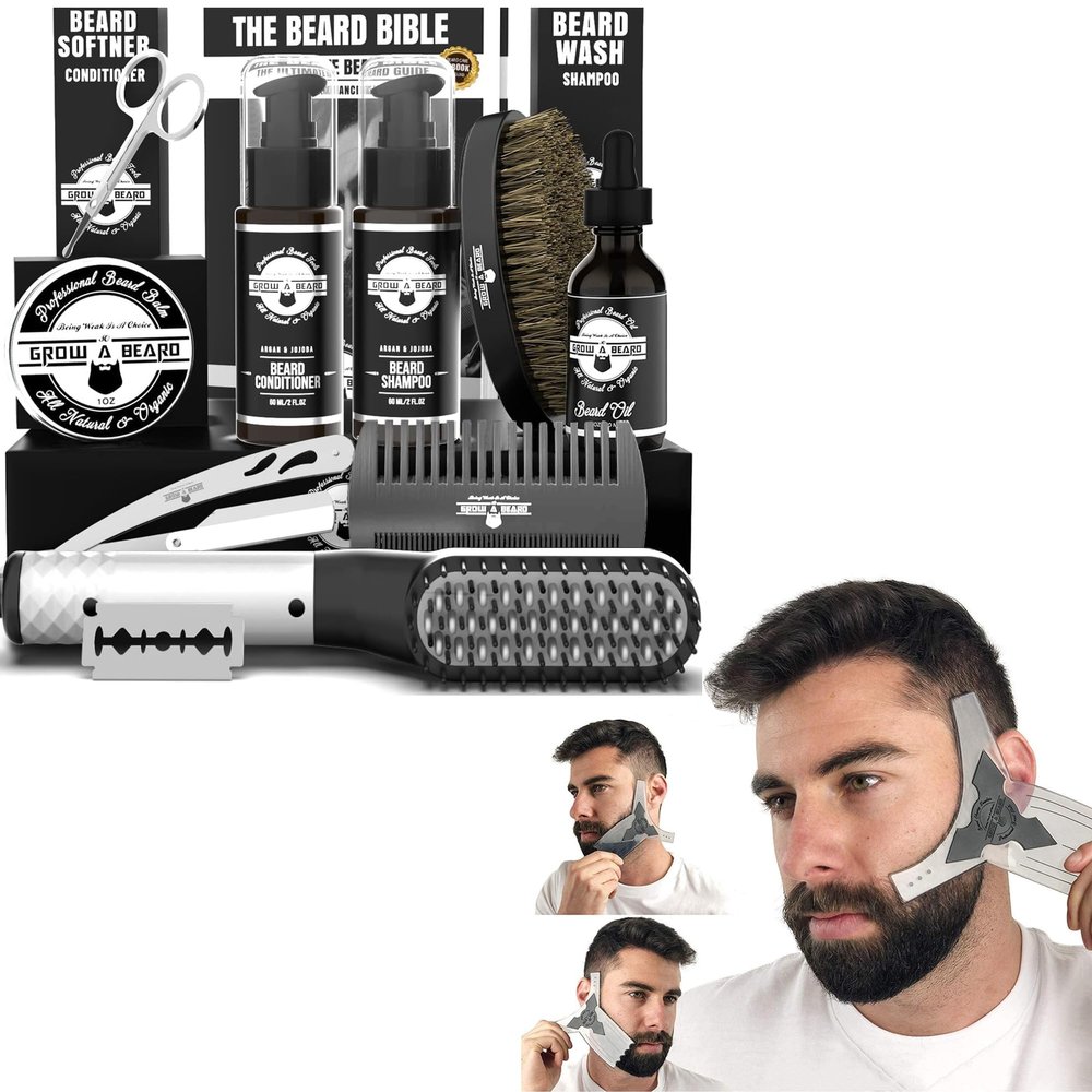 Beard Grooming Kit for Men - Straightener, Brush, Double-Sided Comb, Growth Oil, Balm, Shampoo, Conditioner, Razor, Scissors, and Shaping Tool