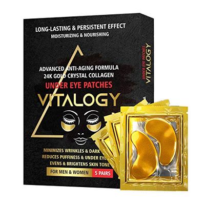 Vitalogy - Under Eye Patches for Dark Circles and Wrinkles | 24K Gold Anti-Aging Mask, Pads for Puffy Eyes & Bags | Collagen Eye Mask with Natural Extracts & Hyaluronic Acid - for Women & Men - 5 Pairs (10 Patches)