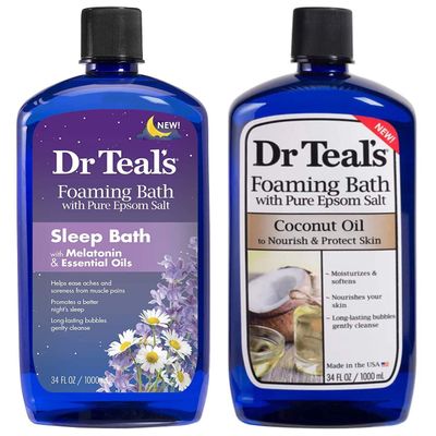 Dr Teal's Foaming Bath Variety Gift Set (2 Pack, 34oz Ea) - Melatonin Sleep Bath, Nourish & Protect with Coconut Oil - Essential Oils Blended with Pure Epsom Salt Ease Pain & Promote Better Sleep