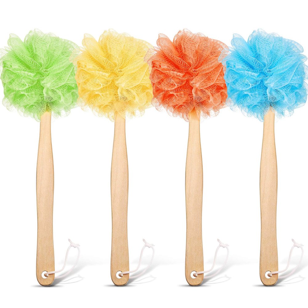 4 Pieces Loofah Back Scrubber Bath Sponge with Wooden Handle Long Handle Sponge Mesh on a Stick for Shower Exfoliating Bath Body Brush Luffa Back Brush for Women Men (Blue, Orange, Yellow, Green)