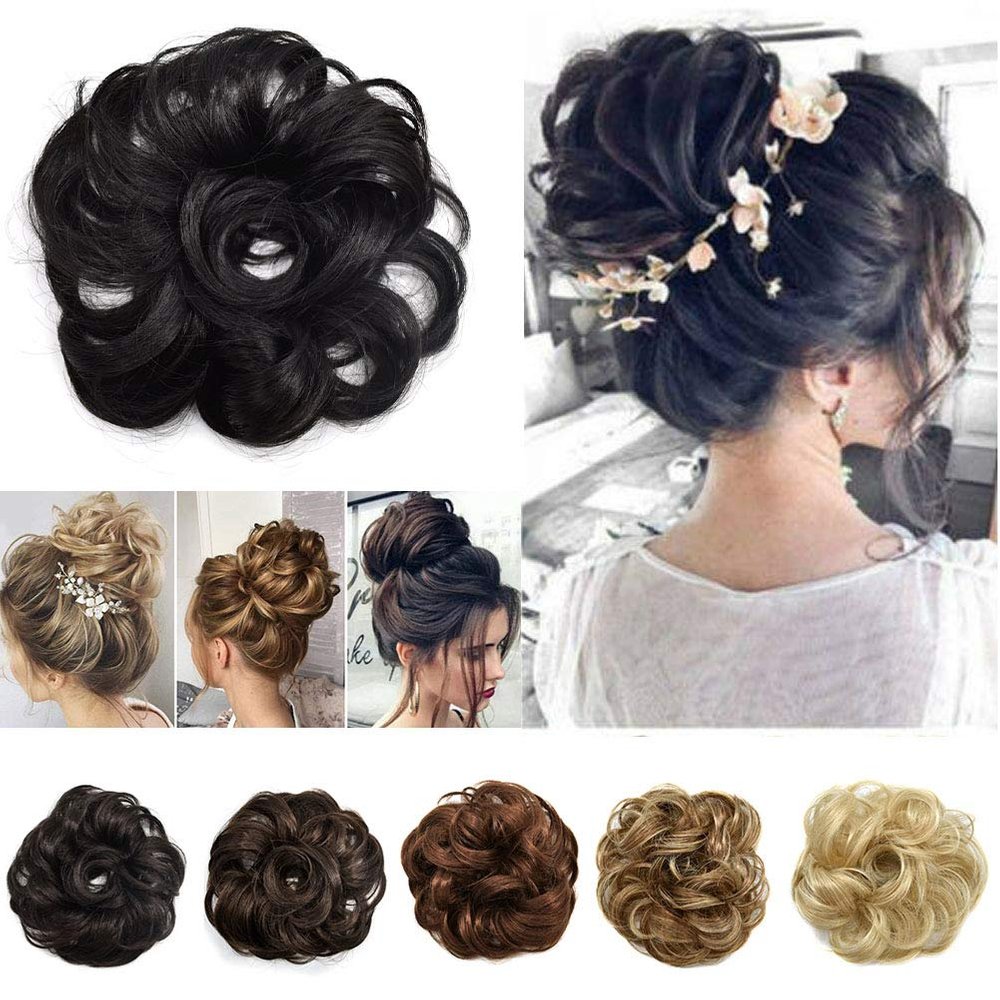 FACE MIRACLE Curly Messy Rose Bun Hair Piece Updo Scrunchie Ponytail Natural As Human Hair (#1 Jet Black)
