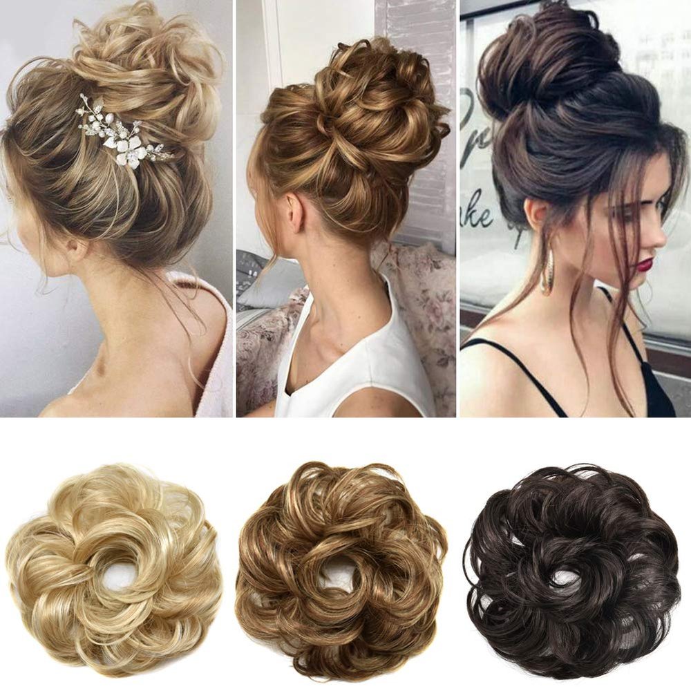 FACE MIRACLE Curly Messy Rose Bun Hair Piece Updo Scrunchie Ponytail Natural As Human Hair (#R25 Bleach Brown & Light Bleach Blonde)