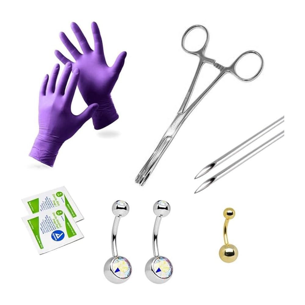 Luxe Modz 10PCS Belly Button Piercing Kit, Navel Piercing Kit, Belly Piercing Kit, Body Piercing Kits With 14G Belly Button Ring, Body Piercing Needles, gloves, alcoholpad, Forceps Clamp Tool