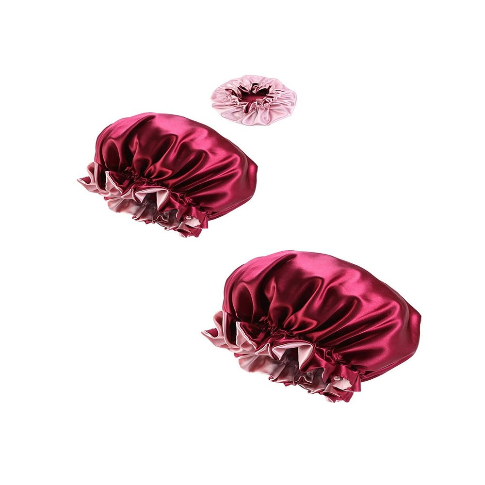 Magik Double-sided Cover Satin Night Sleep Cap Hair Bonnet Hat Head w/Elastic Band (2 Pack, Burgundy/Pink)