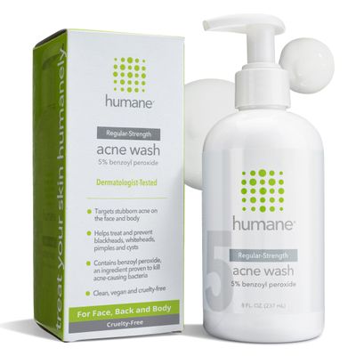 humane Benzoyl Peroxide Face Wash - 5% Regular-Strength Acne Face Wash For Skin, Back & Body - 8 Fl Oz - Dermatologist-Tested Non-Foaming Cleanser - Benzoyl Peroxide Acne Treatment - Cruelty-Free