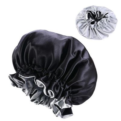 Magik Double-sided Cover Satin Night Sleep Cap Hair Bonnet Hat Head w/Elastic Band (2 Pack, Black/Silver)