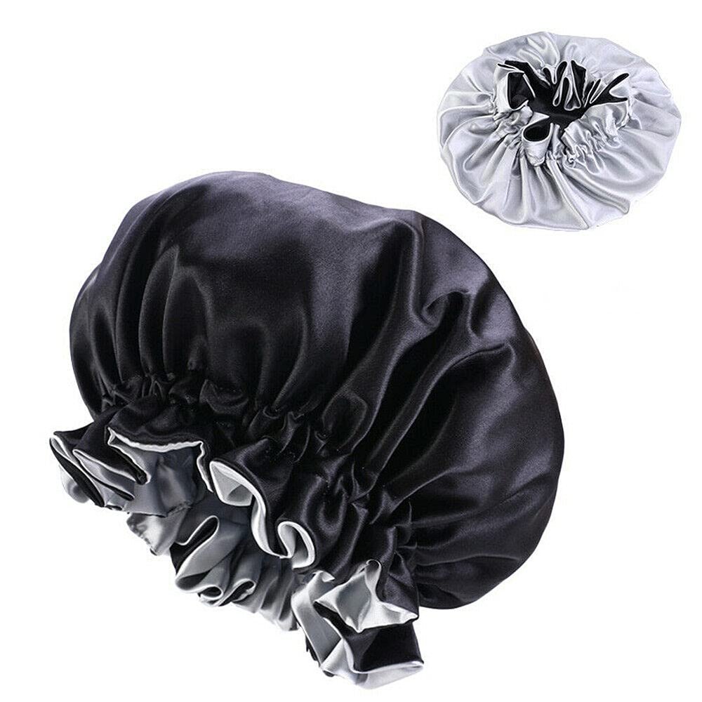 Magik Double-sided Cover Satin Night Sleep Cap Hair Bonnet Hat Head w/Elastic Band (2 Pack, Black/Silver)