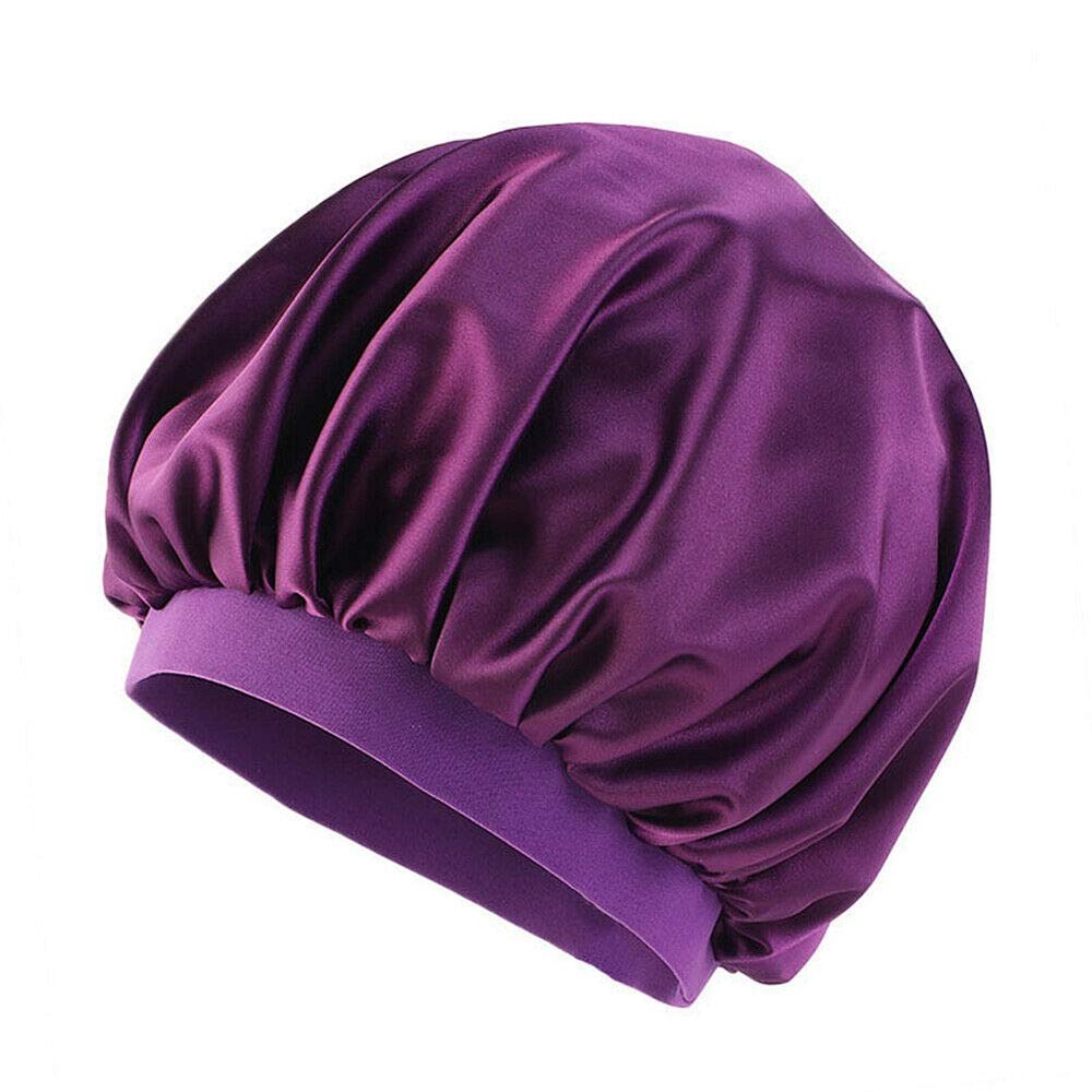 Magik Women Satin Night Sleep Cap Hair Bonnet Hat Silk Head Cover Wide Elastic Band (2 Pack, Purple)
