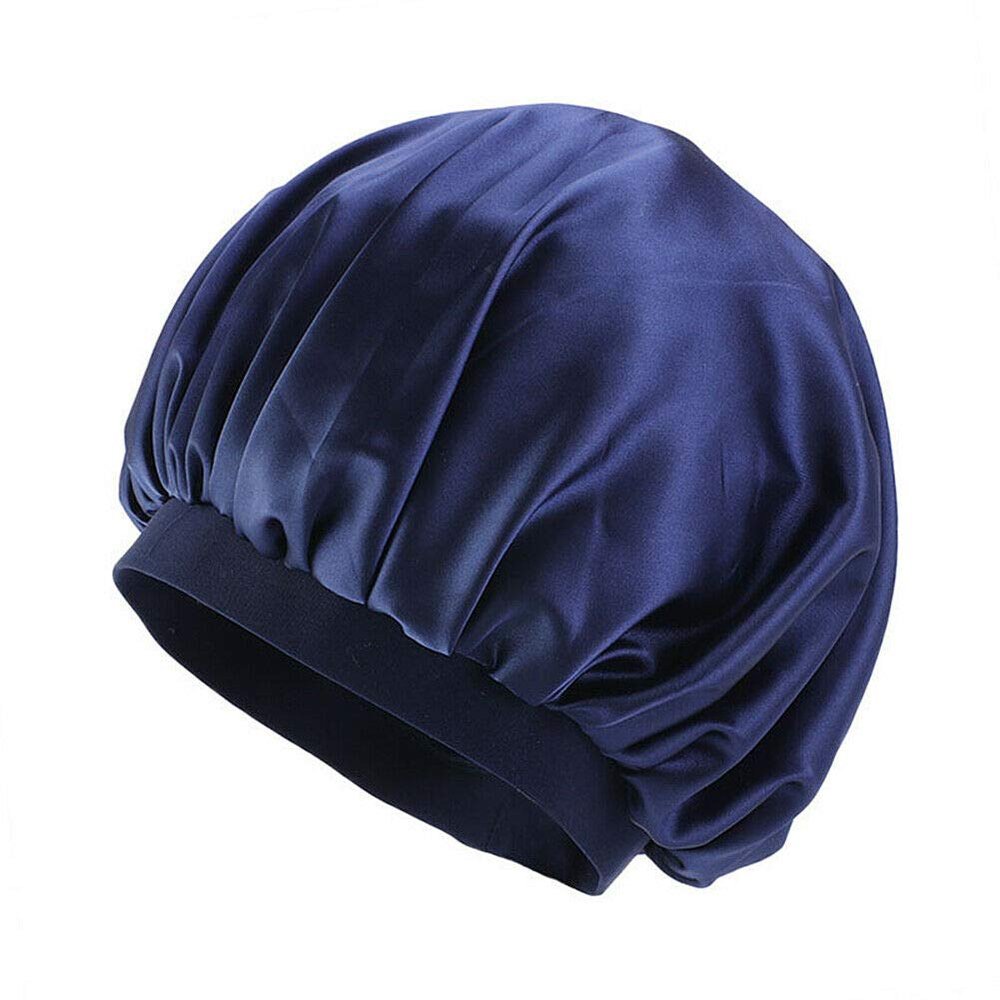 Magik Women Satin Night Sleep Cap Hair Bonnet Hat Silk Head Cover Wide Elastic Band (2 Pack, Navy Blue)