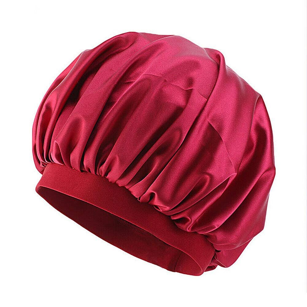 Magik Women Satin Night Sleep Cap Hair Bonnet Hat Silk Head Cover Wide Elastic Band (2 Pack, Burgundy)