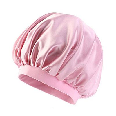 Magik Women Satin Night Sleep Cap Hair Bonnet Hat Silk Head Cover Wide Elastic Band (2 Pack, Pink)