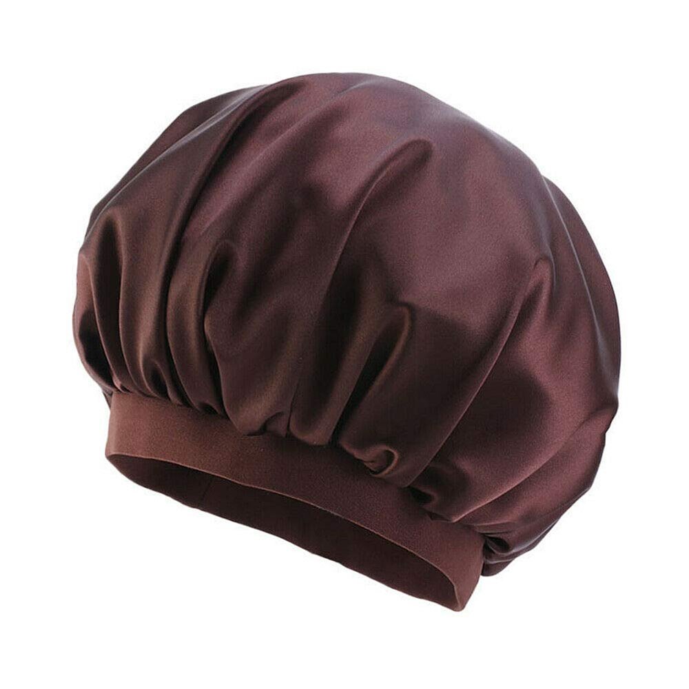 Magik Women Satin Night Sleep Cap Hair Bonnet Hat Silk Head Cover Wide Elastic Band (2 Pack, Coffee)