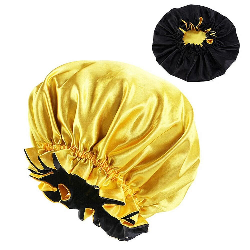 Magik Double-sided Cover Satin Night Sleep Cap Hair Bonnet Hat Head w/Elastic Band (1 Pack, Yellow/Black)