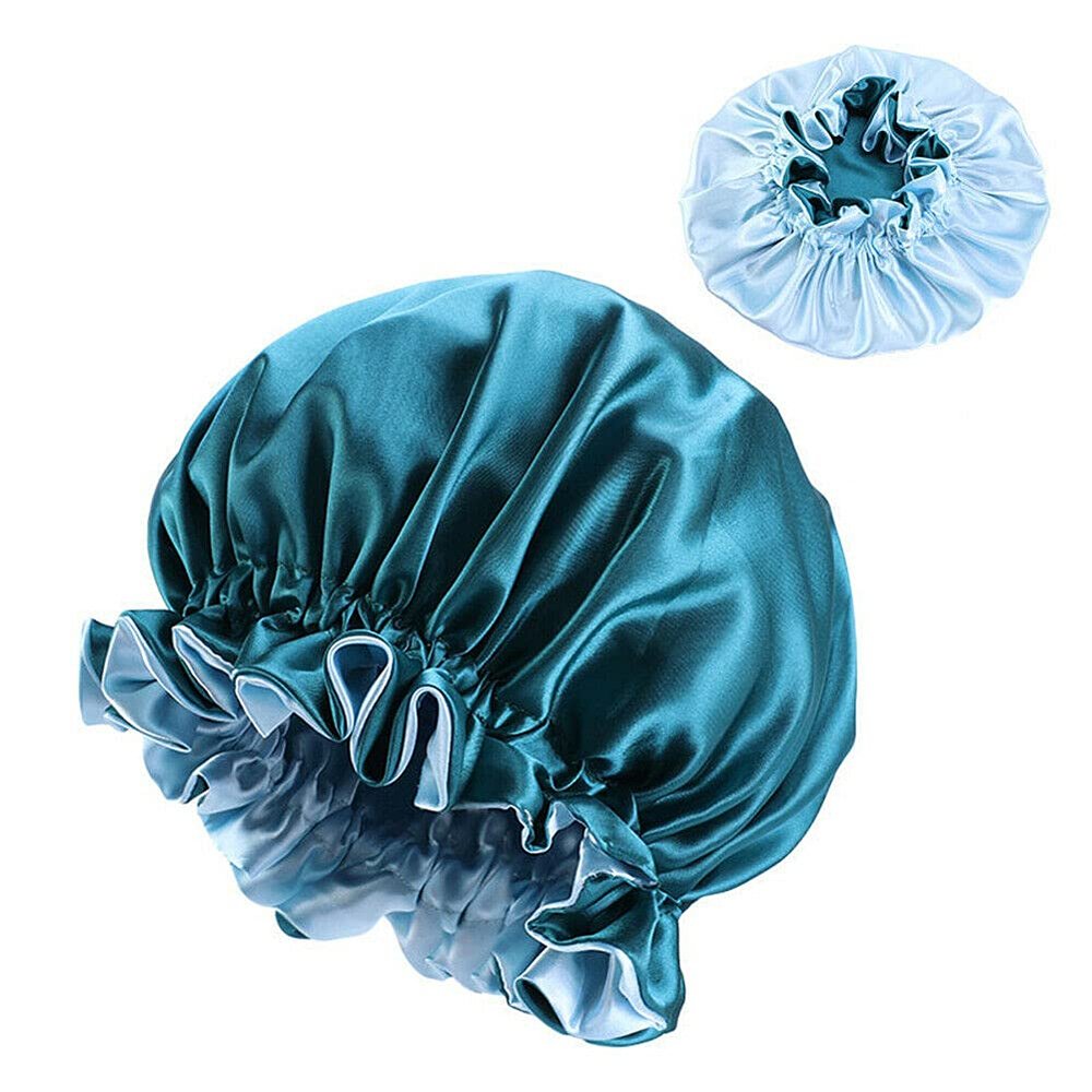 Magik Double-sided Cover Satin Night Sleep Cap Hair Bonnet Hat Head w/Elastic Band (2 Pack, Teal Blue/Light Blue)