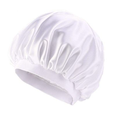Magik Women Satin Night Sleep Cap Hair Bonnet Hat Silk Head Cover Wide Elastic Band (2 Pack, White)