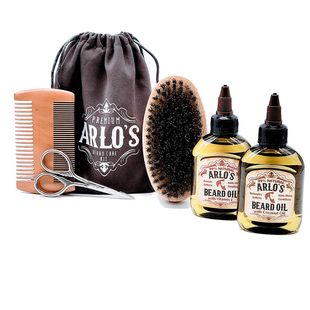 Arlo's 6-PC Mens Beard Grooming Set with Coconut and Vitamin E Oils, Beard brush, Beard Comb, Scissors, and Carrying Bag