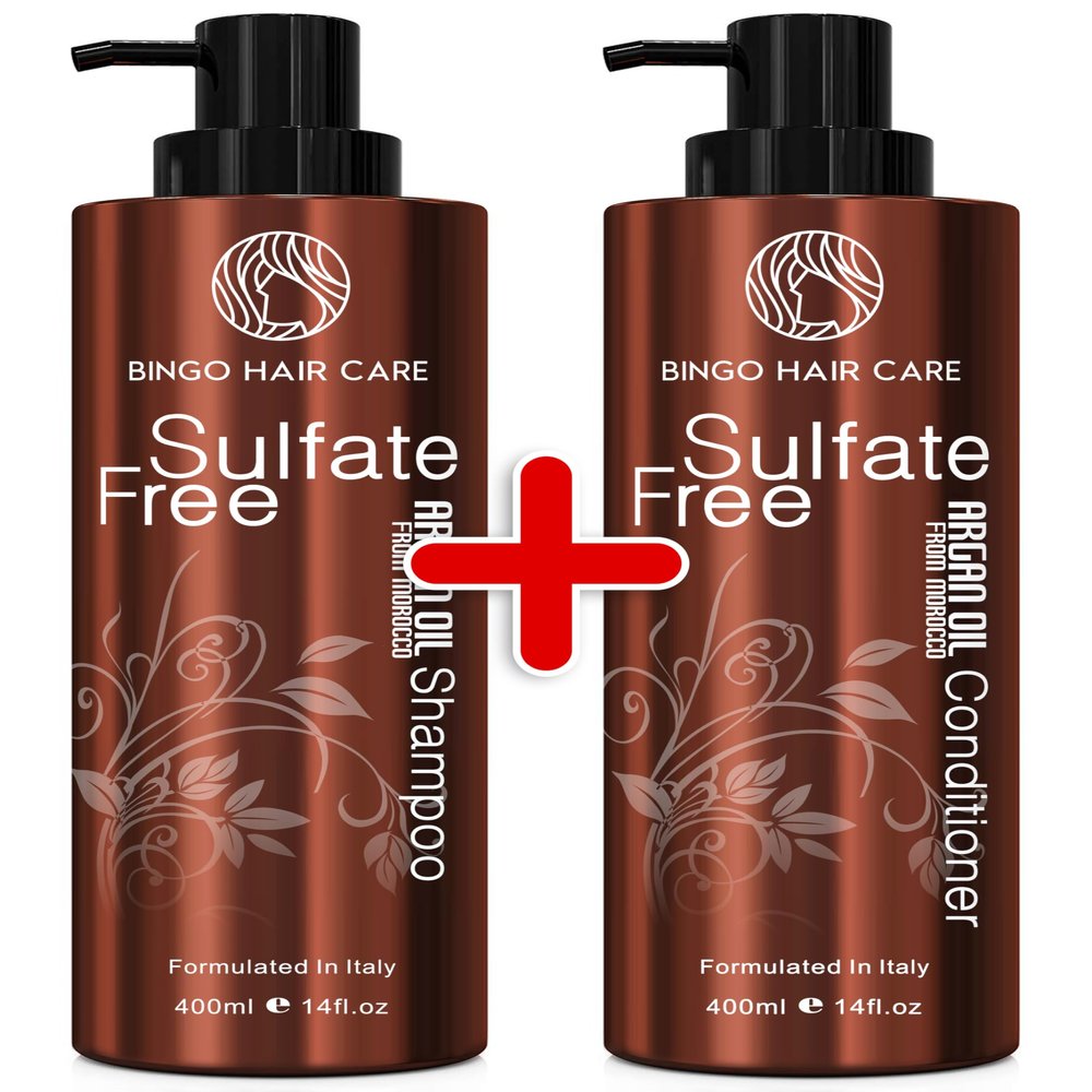 BINGO HAIR CARE Moroccan Argan Oil Shampoo and Conditioner - 100% Natural Organic Oil, Revitalizing, Nourishing, Anti-Frizz, Sulfate Free, Paraben Free, 24 Fl Oz, Set of 2, for All Hair Types