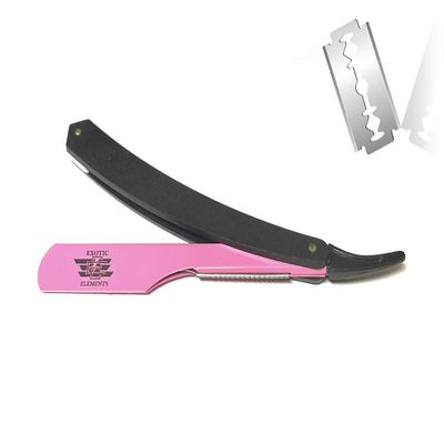All-Purpose Barbershop Salon Shape-Up Lightweight Steel Straight Edge Razor for Men and Women  Pink and Black Colored Razor in Folding Style - Fits Double Edge Blades