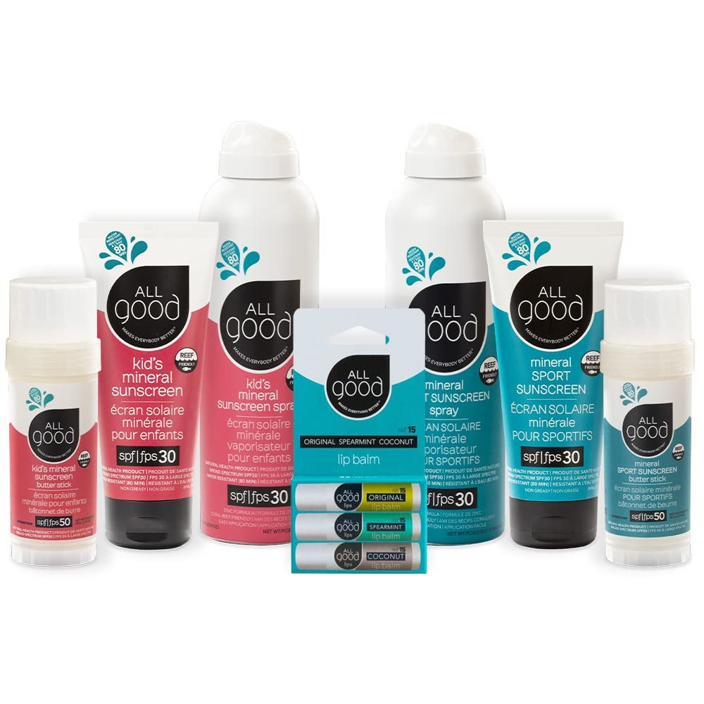 All Good Family Sunscreen Pack - Kids Lotion, Spray, Butter Stick & Sport Lotion, Spray, Butter Stick, Lip balm SPF 15 3-pack