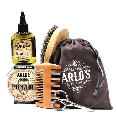 Arlo's 6-PC Mens Hair & Beard Grooming Set with Strong Pomade, Pro-Growth Beard Oil, Beard Brush, Beard Comb, Scissors, and Carrying Bag