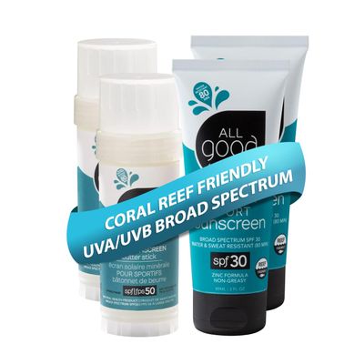 All Good Sport Face & Body Sunscreen - UVA/UVB Broad Spectrum, Water Resistant, Coral Reef Friendly - (2) SPF 50 Butter Sticks & (2) SPF 30 Lotions