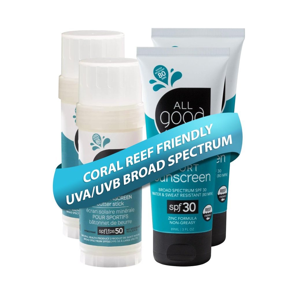 All Good Sport Face & Body Sunscreen - UVA/UVB Broad Spectrum, Water Resistant, Coral Reef Friendly - (2) SPF 50 Butter Sticks & (2) SPF 30 Lotions