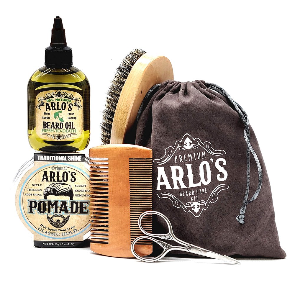 Arlo's 6-PC Mens Hair & Beard Grooming Set: Classic Pomade, Fresh-to-Death Peppermint Beard Oil, Beard Brush, Beard Comb, Scissors, and Carrying Bag