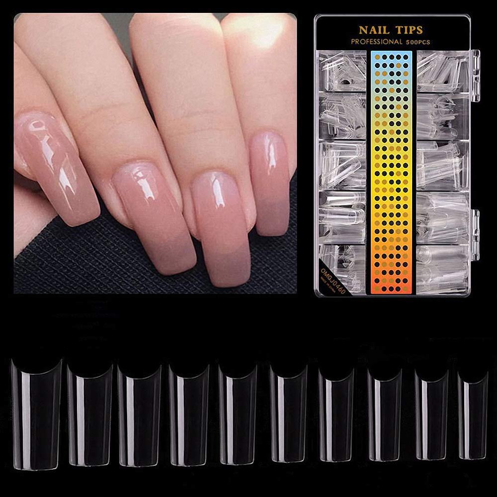 500pcs Acrylic Nail Tips Clear Fake Nails Natural False Nail Tips Clear Half Cover Artificial Acrylic False Nails DIY Salons Nail Art 10 Sizes